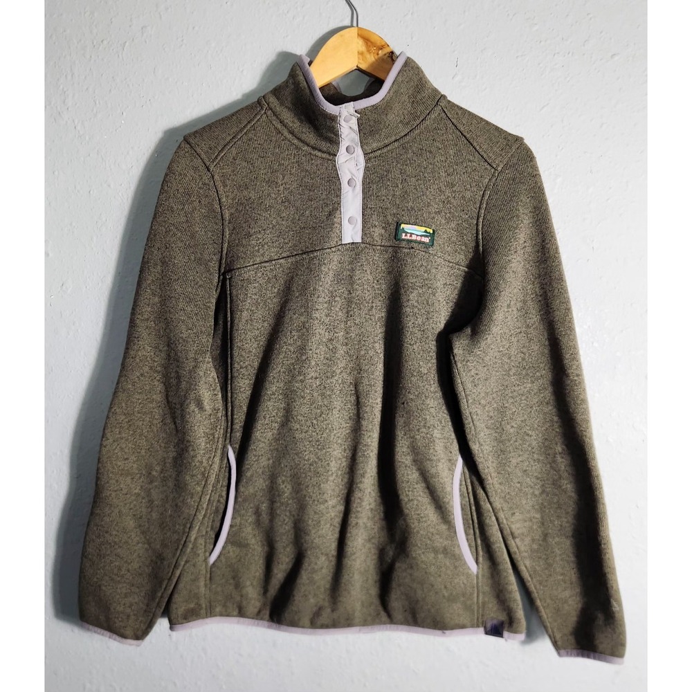 LL Bean Pullover Sweatshirt Long Sleeve Snap Green W/ Gray Accent Woman's Large